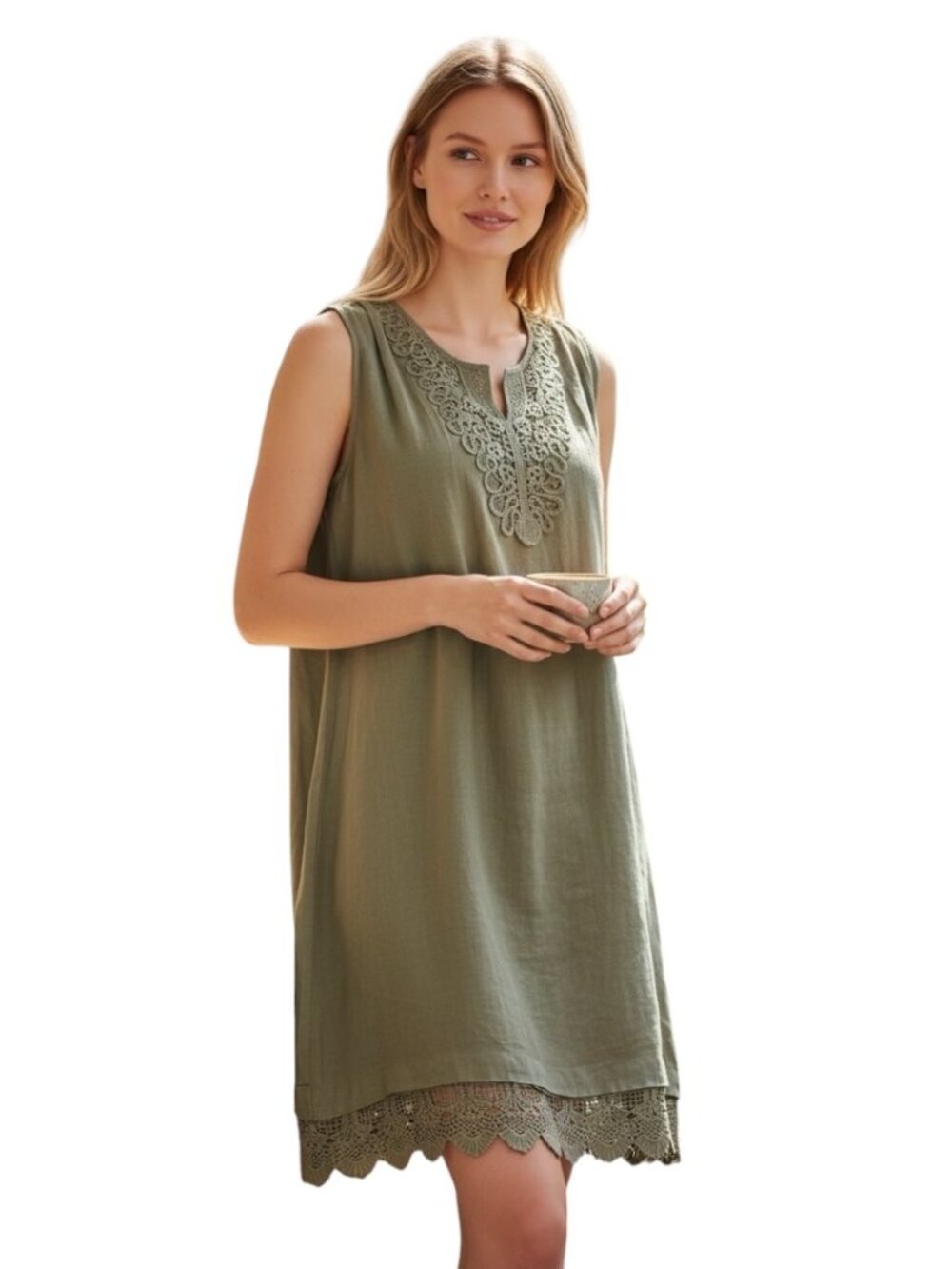 Carla Conti 100% Linen Dress S Sage Green Lace Trim Sleeveless Boho Lagenlook